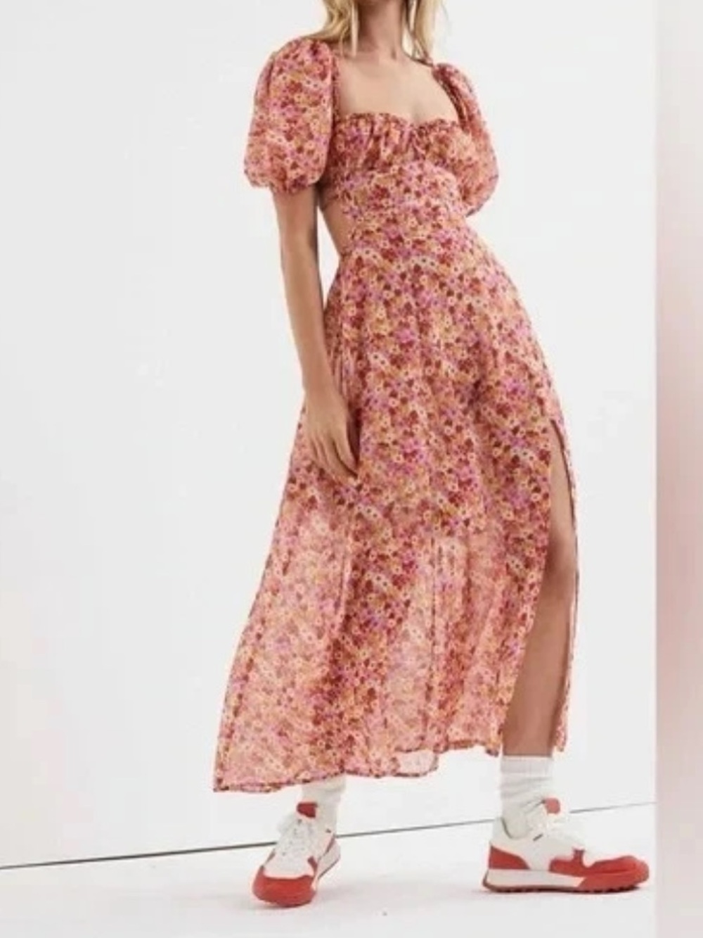 For Love & Lemons Felicia Midi Dress Puff Sleeve Floral Small Coquette Romantic